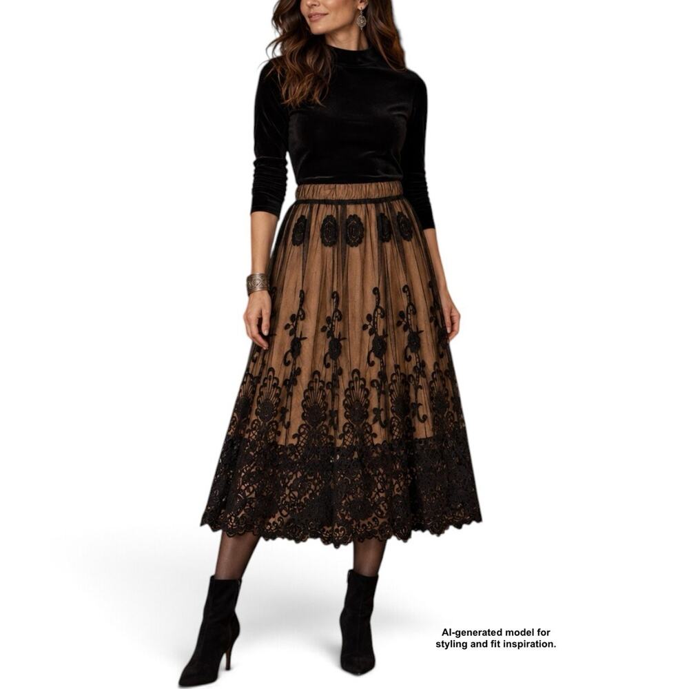 Lapis Lace Midi Skirt Black Nude Embroidered Whimsigoth Fairy Grunge Size M